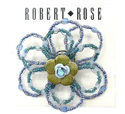 Robert Rose Green Enamel, Blue Glass Seed Bead Flower Brooch, Pin NWT N115 - Image 1 of 4