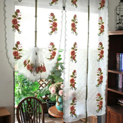 Embroidered Yarn Floral Roman Curtain Sheer Window Balloon Valance Tie Up Modern - Image 1 of 4