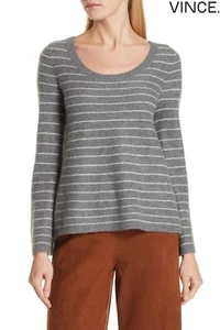 VINCE NWT $345 100% CASHMERE STRIPED BELL SLEEVE H. STONE/STERLING SWEATER. S - Picture 1 of 14