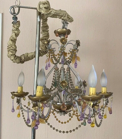 Vintage Tole Colored Crystal Chandelier Gilt flowers leaves Drops gold ceiling Cover