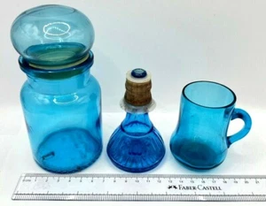Vintage 1940's 3 Pieces of.. Blue Green Colour Art Glass Bottles & Jug - Picture 1 of 8