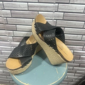 Lucky Brand Shoes Womens 9.5 Wide sandals wedge Boho Platform Black slip on - Picture 1 of 11