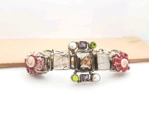 Quartz Pearl Amethyst Pink Shell Green Glass Silver Tone Bracelet 925 Hook 7-8" - Picture 1 of 11