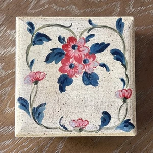 Italian Wood Box Hinge Carved Painted Floral Trinket Vanity Blue-leaf Made Italy - Picture 1 of 15