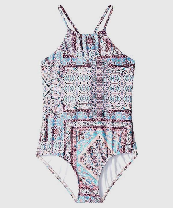 Seafolly Girls' Pink Blue High Neck Back-Tie One-Piece Swimsuit Size 14 - Image 1 of 1