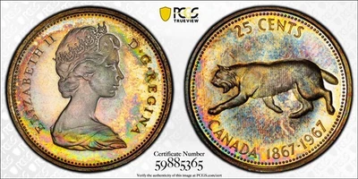 PR66 1967 Canada Silver Lynx 25 Cent Proof, PCGS Trueview- Nicely Rainbow Toned - Image 1 of 4
