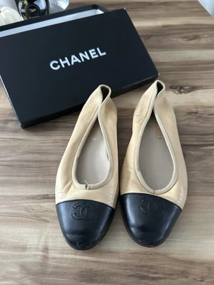 Chanel Ballerina Lambskin Leather Ballet Women's Flats Size 38,5 Beige/Black - Image 1 of 4