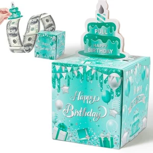 Birthday Money Box for Cash Gift Pull - Teal Blue Money Gift Boxes with Pull ... - Picture 1 of 6