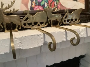 Vintage Messing Schlitten Strumpfhalter Langarm Aufhänger Kaminsimshaken 4 Stück - Bild 1 von 6