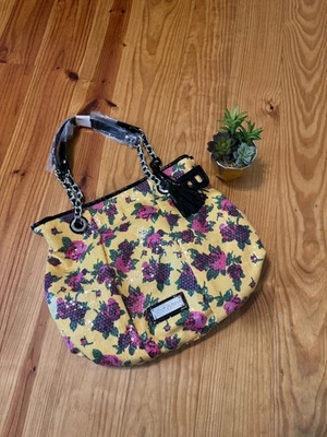 全新无标签 Betsey Johnson 黄色/粉色打褶托特包亮片花卉玫瑰单肩包 — 第 1/4 张图片