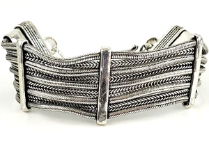 Sterling Silver Bracelet 8.5 Inch Flexible Wide Rope Cuff Boho Hippie Gypsy Bali - Picture 1 of 10
