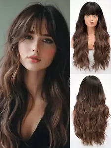 Ombre Women Wig 28 Inch Long Wig Body Wave Wig With Bangs Women's Wig Wavy Wig - Picture 1 of 8
