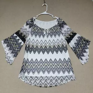 Women's Lace Overlay Lined Bell Sleeves Tunic Chevron Pattern LARGE? No Tags - Picture 1 of 5