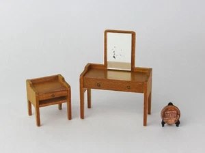 Vintage Lundby Wooden Dollhouse Furniture  Nightstand and Vanity, 1:18 Miniature - Picture 1 of 8