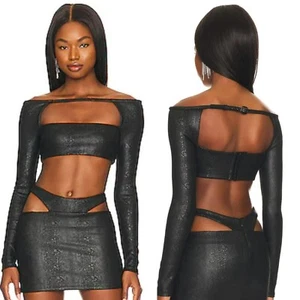 Camila Coelho Sandy Black Snakeskin Print Long Sleeve Strappy Festival Crop Top - Picture 1 of 13