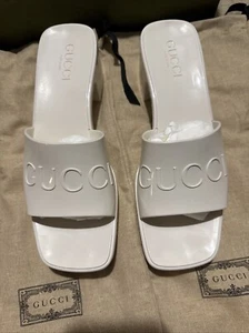Gucci Double GG Logo Rubber Platform Block Heel Sandals Cream White Sz 38EU 8W - Picture 1 of 5