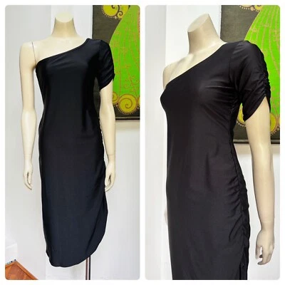 70s vintage SUNSEEKER Black lycra ONE shoulder bodycon ruched dress - Image 1 of 4