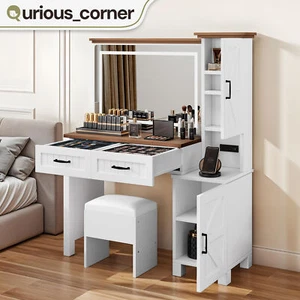 Vanity Desk Makeup Table Cabinet LED Lighted Mirror w/ Drawer Shelf & Power Hub - Picture 1 of 10