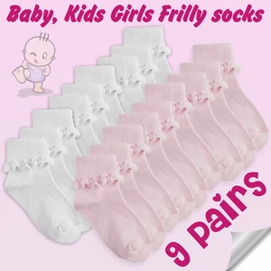 9 Pairs White Ankle Socks Pink Frilly Lace Frill Socks Plain School Uniform NEW - Picture 1 of 5