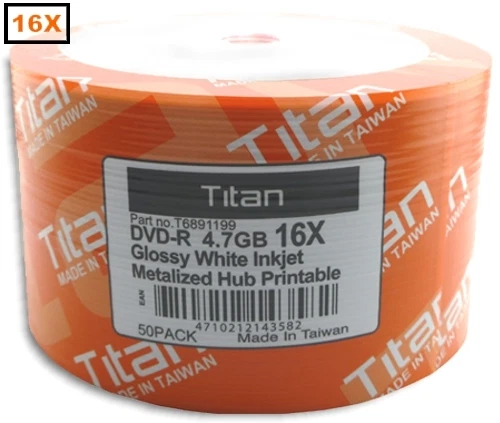 100-Pak =SEMI-GLOSSY= Titan 16X White Inkjet Hub DVD-R's, Titan T6891199 - Image 1 of 1