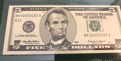 Series 1999 Low Numbered Uncirculated $5 Note – BK00003155A - K11 - Dallas - Image 1 of 4