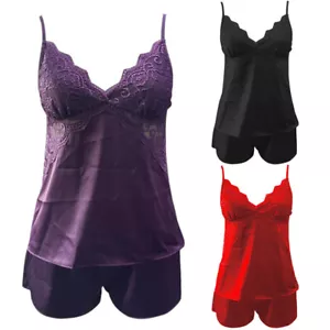 Women's Sexy Silk Satin V Neck Sleeveless Pajama Set Suspender &Shorts Sleepwear - Picture 1 of 10