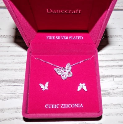 New Danecraft Fine Silver Plate/Cubic Zirconia Necklace Earring Set Lighted Box - Image 1 of 3