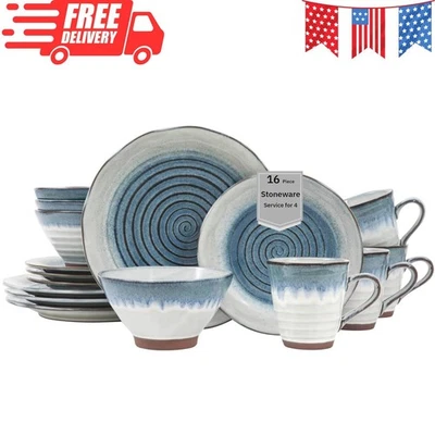 Juego de vajilla informal de gres azul Talia de 16 piezas - Servicio para 4, azul y blanco Foto 1 de 4
