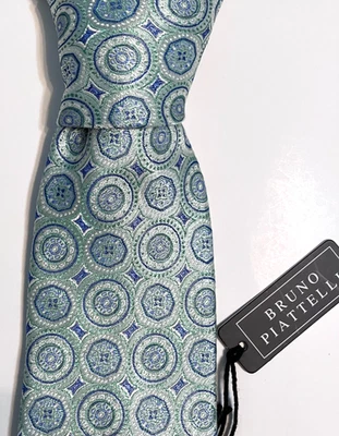 Corbata de seda para hombre Bruno Piattelli azul y verde medallón geométrico nueva etiqueta con logotipo XL Foto 1 de 4