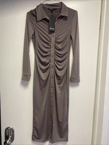 Women’s NWT Nasty Gal Slinky Rutched Shirt Dress Taupe Size 6 Button Down Maxi - Picture 1 of 8