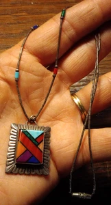 QT Sterling Liquid Silver Inlaid Multi Stone Pendant Necklace 16” Southwest VTG - Picture 1 of 15