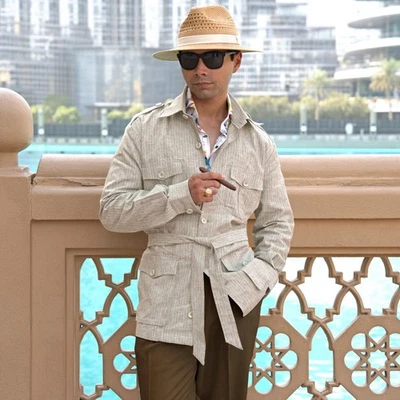 Men's Beige Cotton Linen Belted Safari Jacket Travel Adventure Explorer Blazer - Image 1 of 4