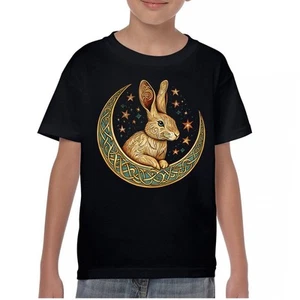 Celtic Moon Rabbit Youth T-shirt Mystical Bunny Spiritual Nordic Nature Kids - Picture 1 of 50