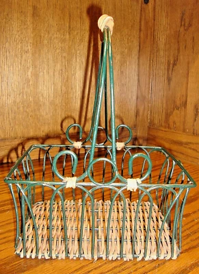Small Green Metal Basket Country Wicker Bottom Farmhouse Gathering w/Handle  AA3 - Image 1 of 4