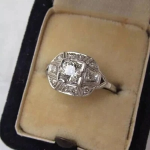 Art Deco Vintage Lab Created Diamond Anniversary Ring In 14K White Gold Filled - Picture 1 of 15