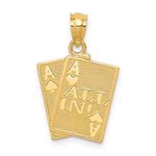 14K Yellow Gold Ace of Heart Ace of Spades All In! Cards Necklace Charm Pendant