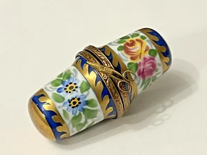 Peint Main Rochard Limoges France Trinket Box Thimble Case Flowers Blue Gold - Picture 1 of 8