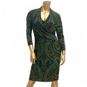 Jones New York Women's Green Paisley Print 3/4 Sleeve Faux Wrap Dress Size 8 - Picture 1 of 7
