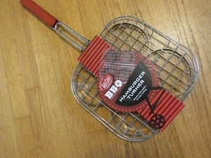 BBQ Grill Basket Stainless Steel 4-Burgers Long Wooden Handle NEVER USED - Picture 1 of 10
