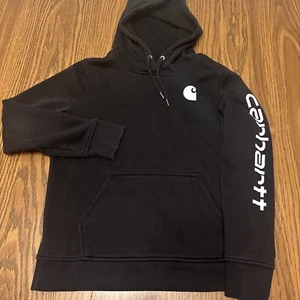 Carhartt Hoodie Youth Boys Medium (8-10) Black White Spellout Sleeve Sweatshirt - Picture 1 of 9