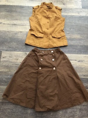 Vtg 60's Camel & Brown 2-pc A-Line Skirt Cropped Sleeveless Vest Suit ~Small - Image 1 of 4