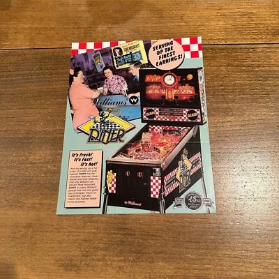 Diner Pinball Promotional FLYER Brocure Original 8.5"x 11" 1990 WILLIAMS 2-Sided - Image 1 of 2