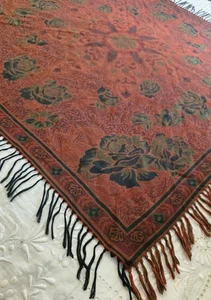 Women's Floral Scarf Wrap Burgundy Black Fringe 53" Square BOHO Statement - Picture 1 of 16