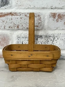 1999 Longaberger Miniature Brown Wooden Market Basket w/ Handle Signed - Picture 1 of 10