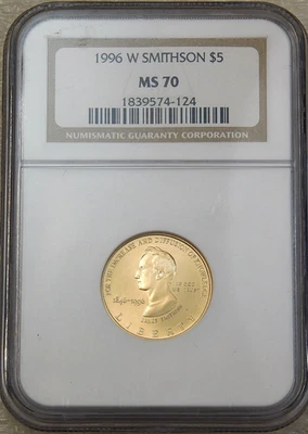 1996 W $5 Gold Smithsonian NGC MS70 almost 1/4 oz Gold Rare Small Mintage #K365 - Image 1 of 4