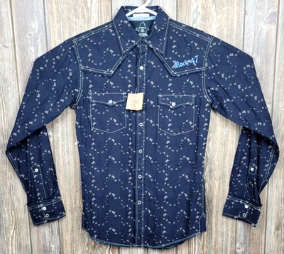 Camisa Wrangler Rock 47 Western Floral Perla A Presión Manga Larga Azul Marino Para Hombres S Foto 1 de 4