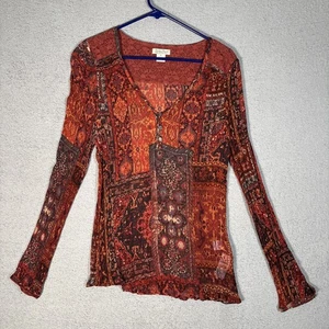 Lucky Brand Women’s Size XL Sheer Fitted Long Sleeve Top Lace Yoke Bohemian Rust - Picture 1 of 15