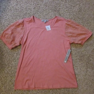 NWT Absolutely Famous XL Coral Chiffon Floral Sleeves Ribbed Knit Shirt Stretch - Picture 1 of 2