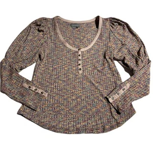 Anthropologie Rainbow Stripe Puffed Sleeve Knit 1/4 Button Henley Shirt Size L - Picture 1 of 12