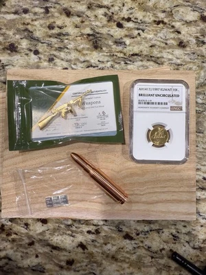 NGC 1997 Kuwait coin 10F, tommy gun silver 24K gold plated, valcambi 3G, 2oz Cu - Image 1 of 3